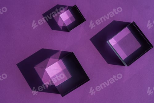 Preview: Crystal prism refracting light, magic crystals and pyramid, sphere and cube on purple background