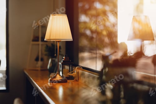 Preview: Table lamp on wooden counter bar classic luxury interior home and cafe decoration