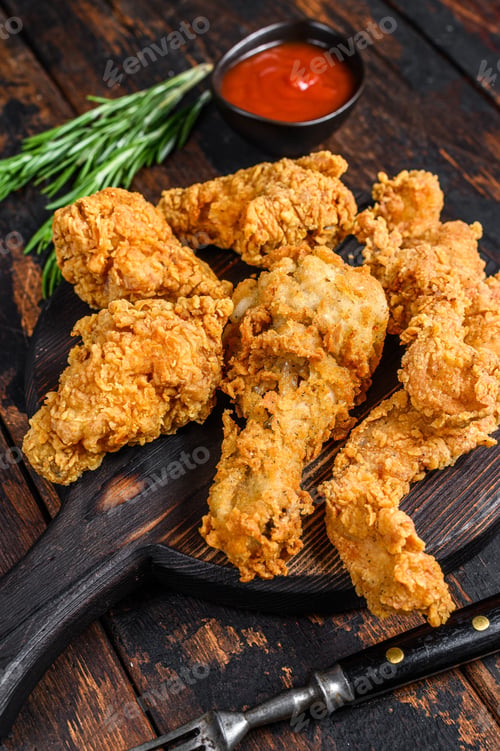 Preview: Breaded chicken drumstick, leg, wing and breast tenders strips. Dark Wooden background. Top view
