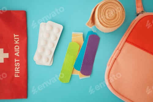 Preview: First aid supplies arranged on a vibrant blue background