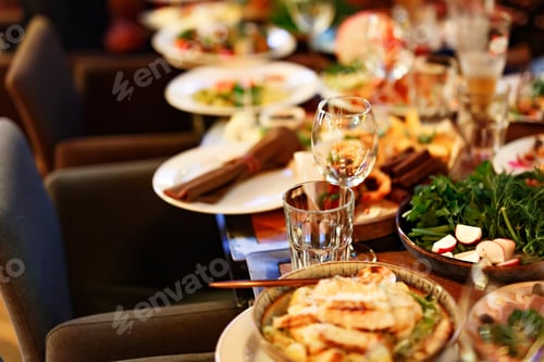 Preview: Served table with tasty food in restaurant