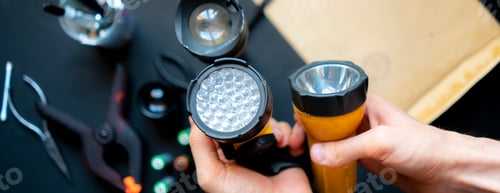 Preview: persons hands hold a flashlight in a workshop b