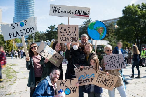 Preview: People with placards and posters on global strike for climate change