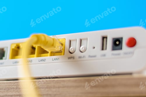 Preview: modern internet router with connecting cable, closeup