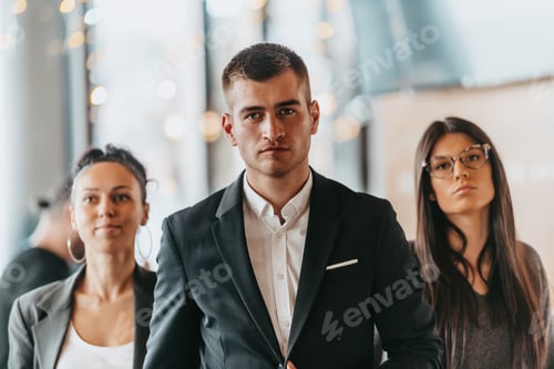 Preview: Group of successful business people standing together at office.