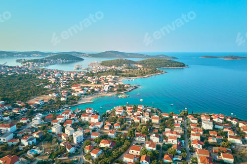Preview: Aerial view of Rogoznica, Croatia. Islands in Adriatic sea and coastal town