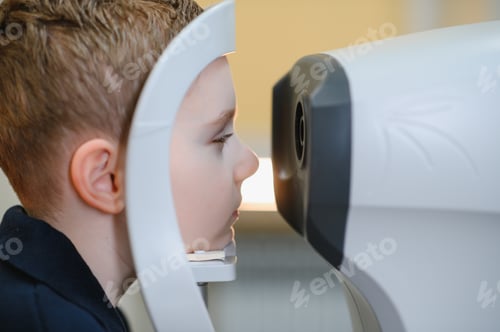 Preview: Child undergoing eyesight examination with autorefractor in ophthalmology clinic