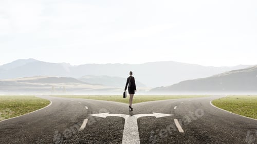 Preview: Back View Of Businesswoman Standing On Crossroads And Making Choice