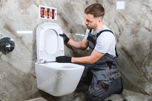 Preview: Professional plumber working with toilet bowl in bathroom