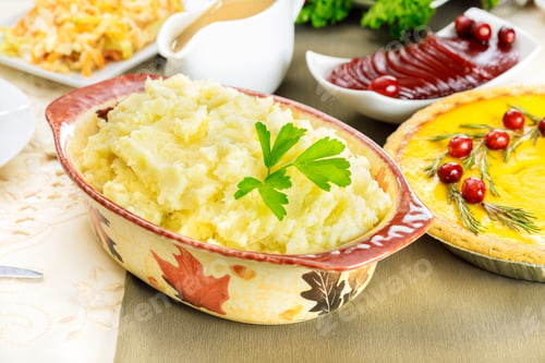 Preview: Mashed potatoes on festive dinner table for Thanksgiving Day.