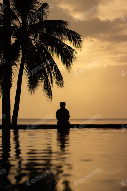 Preview: Young adult male silhouette featured in a beach setting at sunset