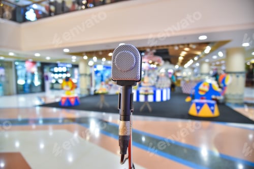 Preview: Microphone on abstract blurred of The space in the meeting and stage performances