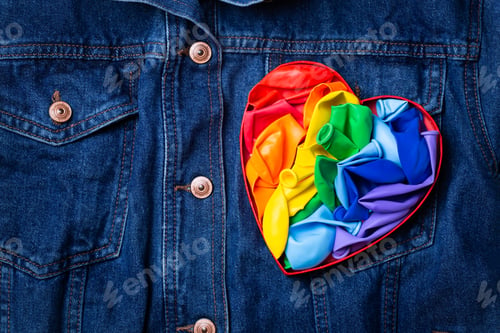 Preview: Heart shaped rainbow lgbtq flag against denim background, pride month
