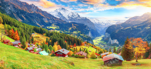 Preview: Scenic autumn view of picturesque alpine Wengen village and Lauterbrunnen Valley