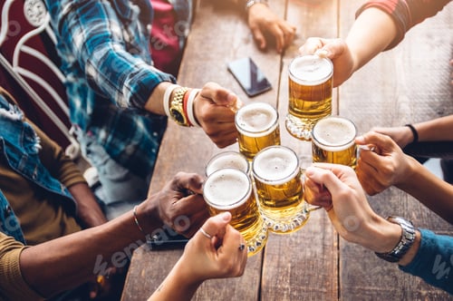 Preview: Group of people enjoying and toasting a beer in brewery pub