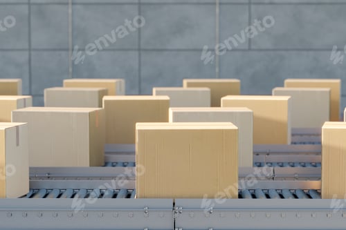Preview: Carton boxes on conveyor system 3d render