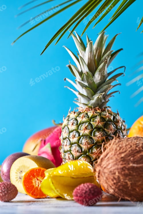 Preview: Group of exotic tropical fruits. Mango, dragon fruit, passion fruit, coconut, pineapple, carambola