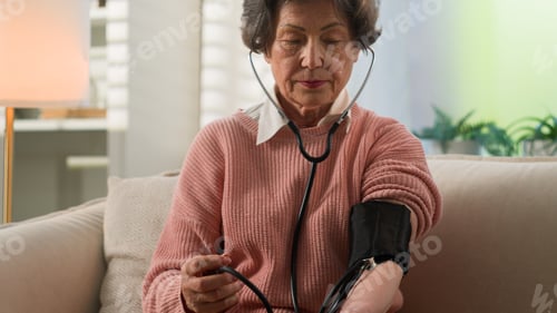 Preview: Caucasian grandmother checking low high cardio heart beat senior woman at home old female granny