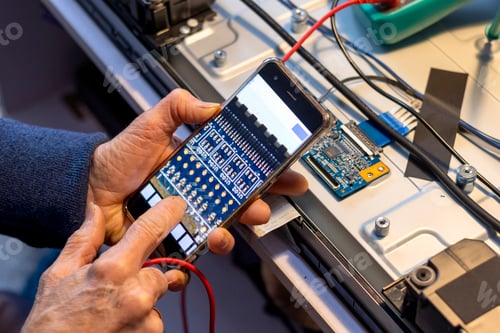 Preview: Senior electronics technician checks components with his mobile phone.