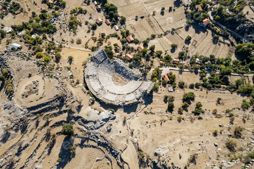 Preview: Drone photo of remains of Altinkaya Amphitheater. Roman theatre of Selge, Antalya, Turkey.