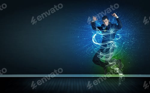 Preview: Talented Cheerful Businessman Jumping With Glowing Energy Lines On Background