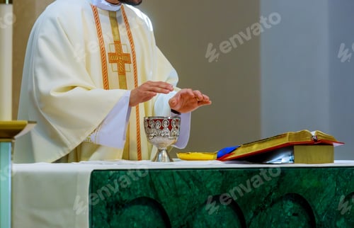 Preview: Christians symbols Holy communion on wooden table in church