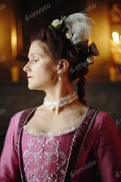Preview: Caucasian Middle Aged Woman Wearing Baroque Costume Posing in Profile