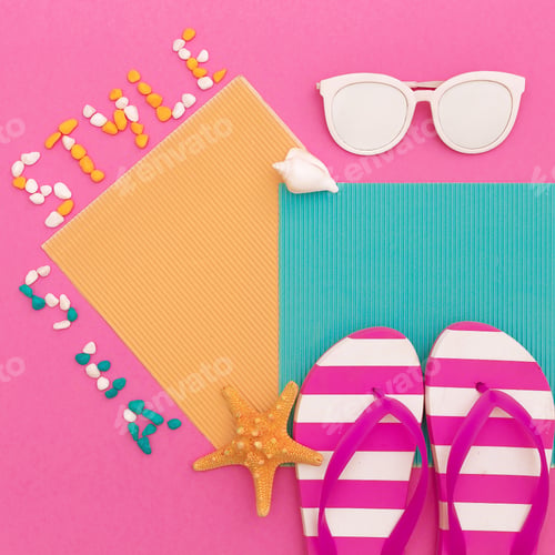 Preview: Beach style. Shells. Sunglasses. Flip-flop Minimal art design