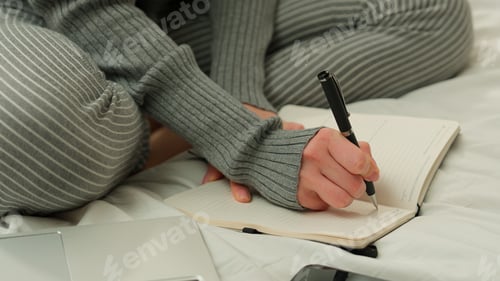 Preview: Unrecognizable student girl female lady freelancer woman businesswoman at home bedroom on bed
