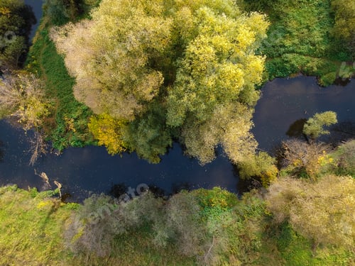 Preview: Aerial drone view of autumn forest and small river