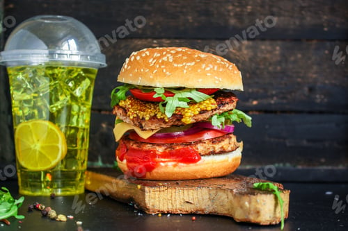 Preview: Burger, Meat Cutlet Beef Steak, Tomato, Sauce And Lettuce (Tasty Meat Snack Sandwich) Menu Concept