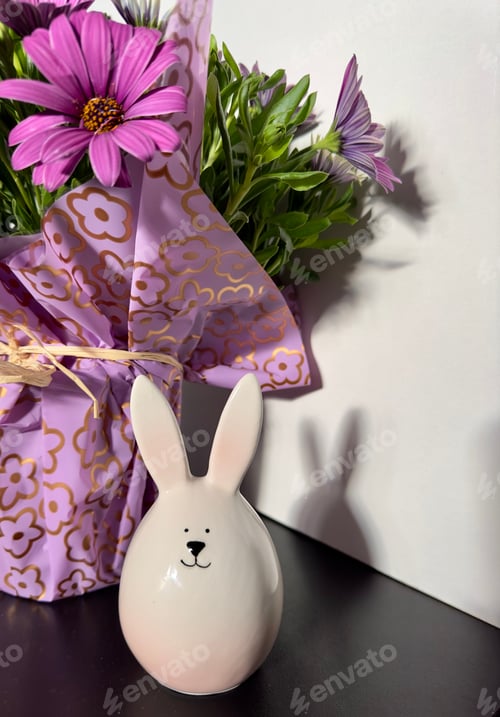Preview: Festive Purple Flowers with White Bunny Decoration