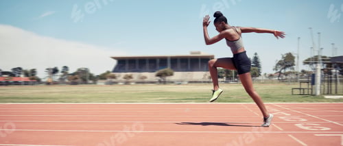 Preview: Run, black woman and running on track for marathon, fitness and workout for wellness, health and pr