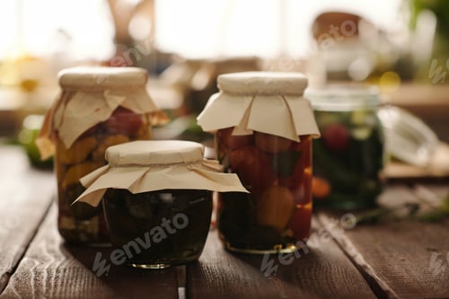 Preview: Group of three packed jars with pickled tomatoes, cucumbers and other vegetables