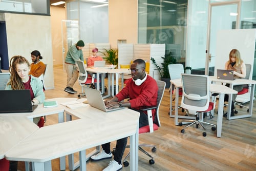 Preview: Young serious office managers or designers of various ethnicities using laptops
