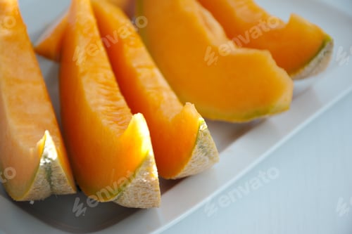 Preview: High angle view of orange melon sliced on the plate against a white background