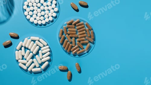 Preview: Various vitamins, tablets and dietary supplements on a blue background. Medicine. Copy space