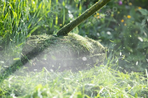 Preview: mowing the grass with a lawn mower, garden work concept background