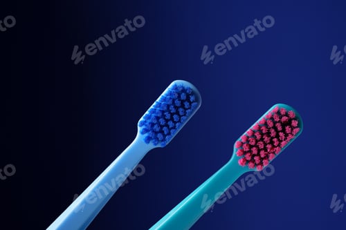 Preview: Two bright plastic toothbrushes on a dark blue background.