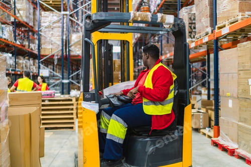 Preview: Warehouse worker driving forklift arranging goods on shelves