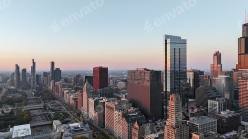 Preview: Drone shot of a city with skyscrapers and beautiful buildings.