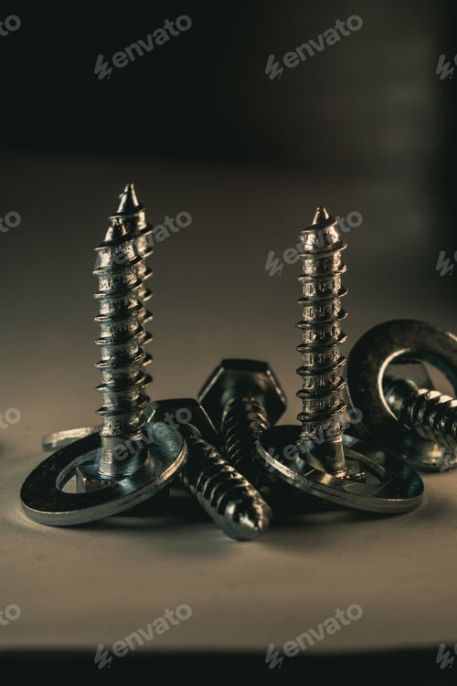 Preview: Vertical shot of self-tapping screws with metal rings