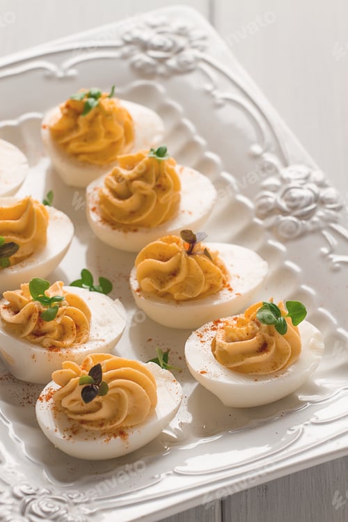 Preview: Boiled eggs stuffed with yolk with mayonnaise, on a white plate, selective focus, blurry, close-up,
