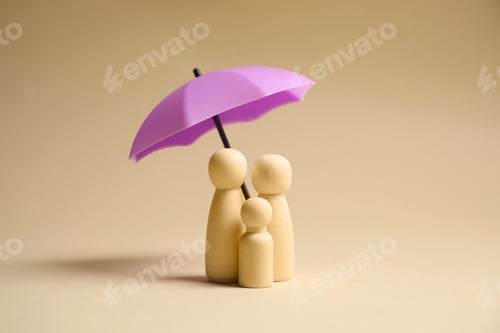 Preview: Human figures under umbrella on beige background. Insurance concept