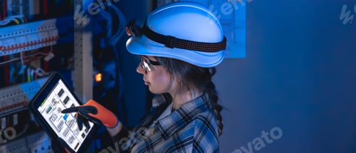 Preview: Female electrician using tablet in electrical panel room. Industrial maintenance workflow