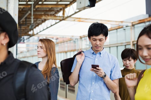 Preview: Small group of people standing on the platform of a subway station, Tokyo commuters.
