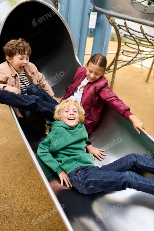 Preview: Joyful childhood moments in autumn at a playground slide with friends