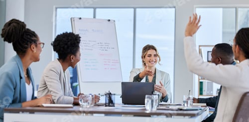 Preview: Questions, leadership or business people in a meeting or presentation asking faq or giving creative