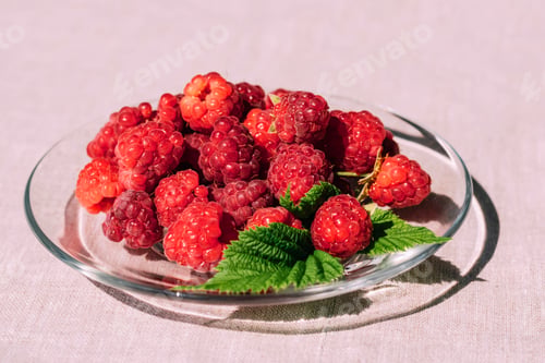 Preview: Red raspberry in a plate on the kitchen table, summer seasonal food. Background of berries