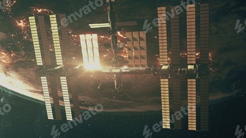 Preview: ISS with solar panel flying over Earth atmosphere